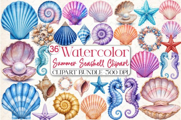 Download Watercolor Summer Seashell Clipart - Shell Collection